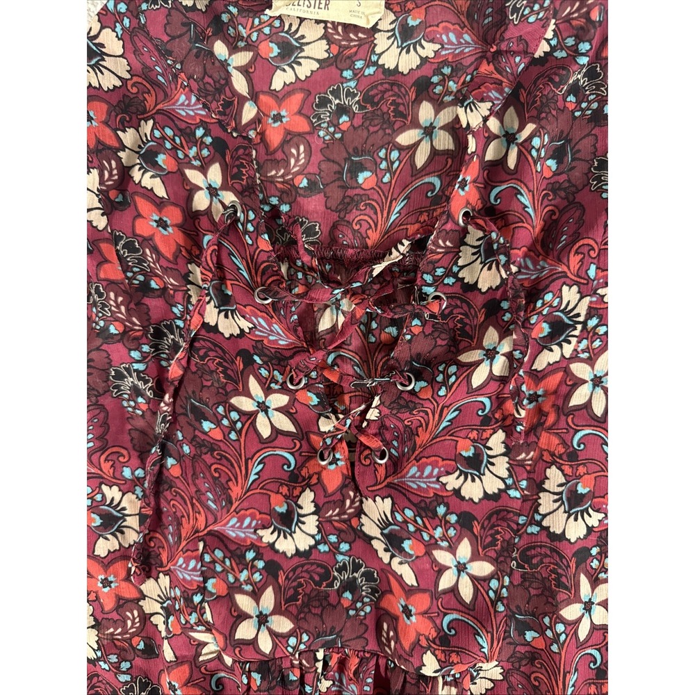 Hollister‎ Y2K Babydoll Sheer Top Small Burgundy Bc Floral Boho Peasant Festival - Picture 3 of 9